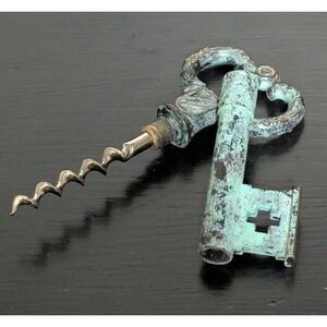 Vintage‎ 1970s Brass Skeleton Key Corkscrew and Bottle Opener Heavily Oxidized